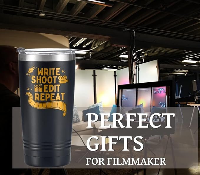 Onebttl Aspiring Filmmakers Gift, Director Gift, Theater Gifts on Filmmaker Day, Birthday and Christmas, 20 oz Insulated Stainless Steel Tumbler - Write shoot edit repeat