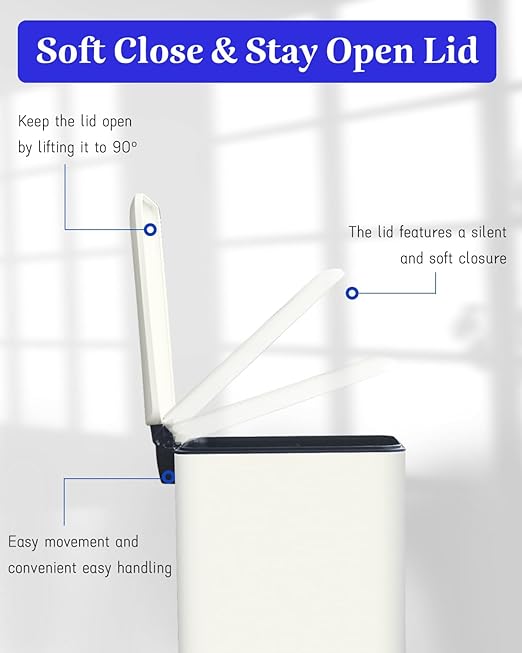 12 Gallon Slim Kitchen Trash Can, Stainless Steel Trash Can with Removal Inner Bucket and Soft-Close Lid, Pedal Garbage Can 45 Liter, White