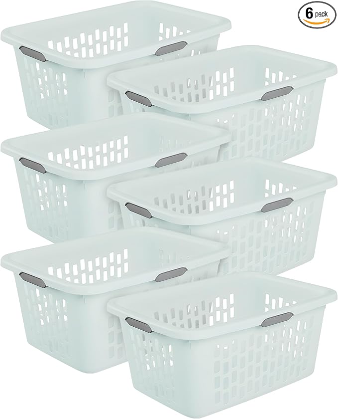 Sterilite Laundry Basket, Plastic Clothes Hamper, Large Rectangle Bin with Comfort Grip Handles and Reinforced Rim, 2 Bushel Capacity, Mint, 6 Pack