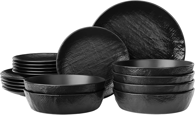 Navaris Linen Artisan Stoneware Dinnerware Set (18 Pieces) - Dishwasher & Microwave Safe Plates & Bowls for 6 with Dinner, Side Plates & Pasta Bowls - Charcoal Black