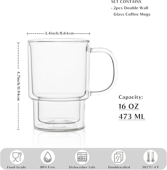 INSETLAN 16oz Double Wall Glass Coffee Mugs Set of 2, Insulated Borosilicate Cups with Handles, Clear Heat Resistant Glasses Mugs for Hot Beverages, Cappuccino, Espresso, Latte, Tea