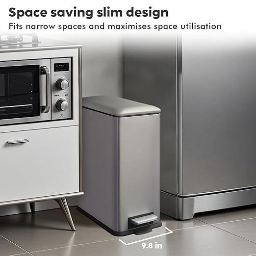 8 Gallon Slim Kitchen Trash Can, Rectangular Trash Can with Removal Inner Bucket and Soft-Close Lid, Foot Pedal, Stainless Steel Garbage Can 30 Liter, Grey