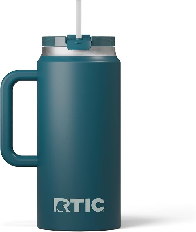 RTIC 64oz Road Trip Tumbler with Handle, Lid and Straw, Ceramic Lined, Insulated, Stainless Steel, Double Wall Vacuum-Insulation, Travel Cup, Marine