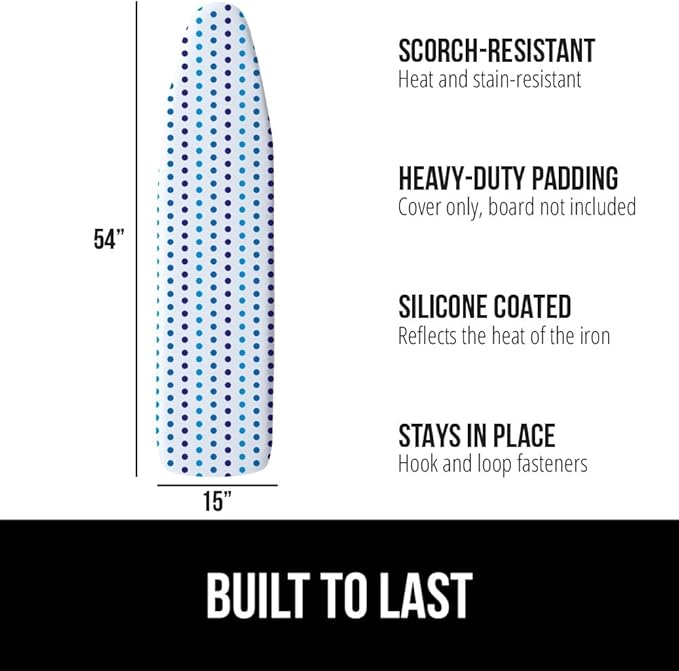GORILLA GRIP The Original Ironing Board Cover and Pad, Silicone Coating, Thick Scorch Resistant Padding, Heavy Duty Iron Covers Standard Boards, Hook and Loop Fastener Strap, Blue Dots, 15x54