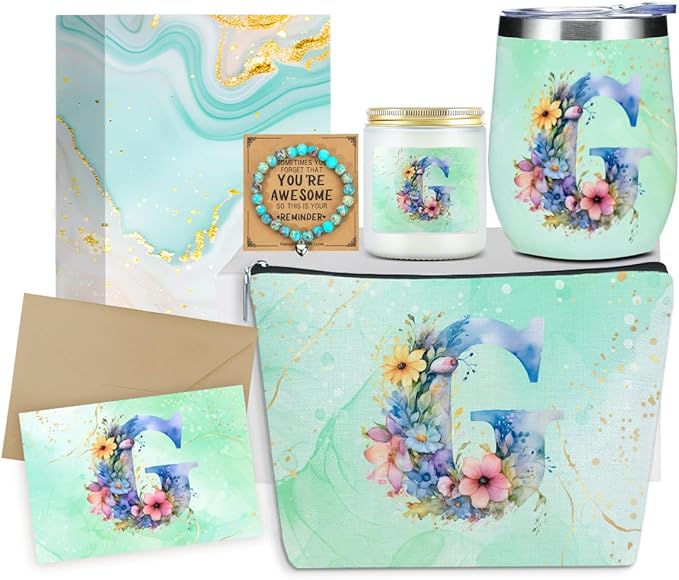 Personalized Gifts Monogrammed Birthday Gifts for Women, Her Employee Housewarming Christmas Initial Wine Tumbler Makeup Bag Scented Candle Bracelet Set, (Aesthetic Green Flower G)