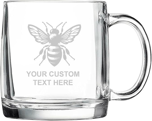 Bee, Personalized 12.5 oz Polar Camel Glass Coffee Desk Mug – Custom Laser Engraved Clear Cup for Tea, Espresso, Latte, Whiskey - Microwave Safe/Made in USA