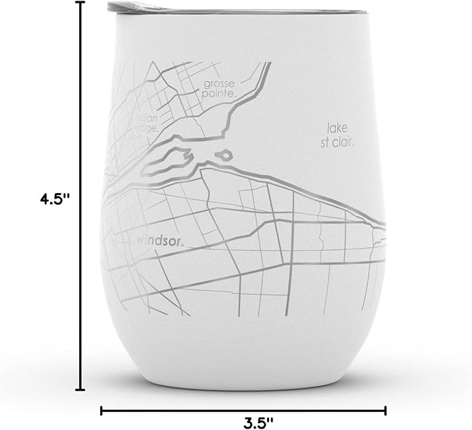 Well Told Engraved Detroit Michigan Map Insulated Wine Tumbler, Etched Stainless Steel Wine Tumbler (12 oz, White) City Map Insulated Tumbler, Custom Insulated Tumbler, Outdoor Drinkware