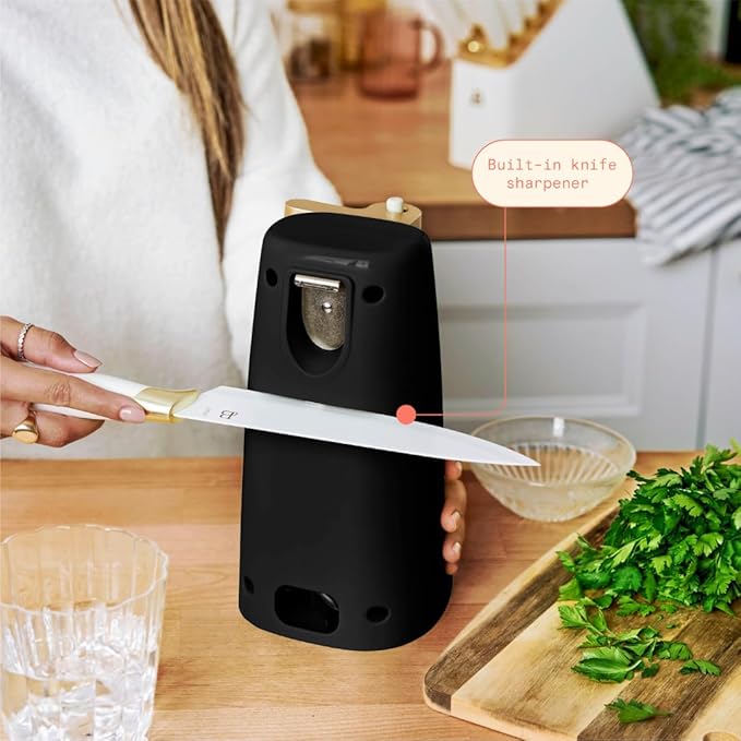 Beautiful Electric Can Opener with Auto-Turn, Magnetic Lid Holder, Knife Sharpener, Bottle Opener, Removable Lever, Cord Storage, No-Tilt Base, Stainless Steel Blade, 70W, Black Sesame