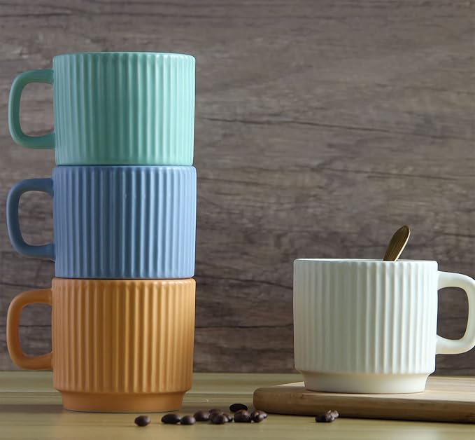Stackable Coffee Mugs Set of 4, 7 OZ Ceramics Espresso Cups for Latte Cappuccino Cocoa with Handle, Colorful