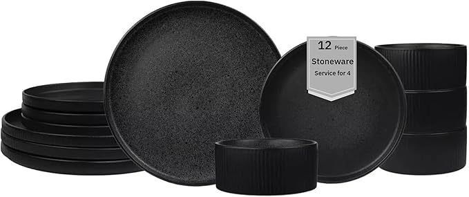 Sango 12 Pieces Stoneware Fluted Dinnerware Set, Modern Black Dishes for 4, Premium Serving Plates and Bowls Sets, Chip & Scratch Resistant, Ceramic Kitchen Dish, Microwave & Dishwasher Safe, Anderson