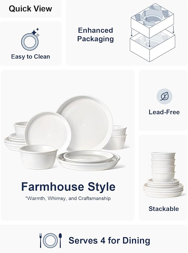 LE TAUCI Dishes Set for 4, Stoneware Plates and Bowls Set, Farmhouse Ceramic Dinnerware, Microwave & Dishwasher Safe, Stackable,12-Piece, White (10" Dinner+8" Salad Plates+6" Bowls)
