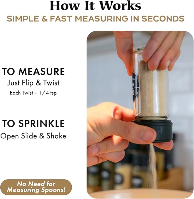Spice Jars & Measuring Caps Set – Measure Straight from The Spice Jar! Faster Meal Prep, No Mess, No Clean Up. 12 Pack Holiday Special!