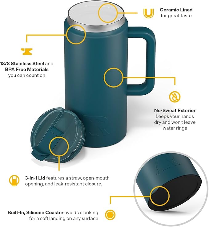 RTIC 64oz Road Trip Tumbler with Handle, Lid and Straw, Ceramic Lined, Insulated, Stainless Steel, Double Wall Vacuum-Insulation, Travel Cup, Marine