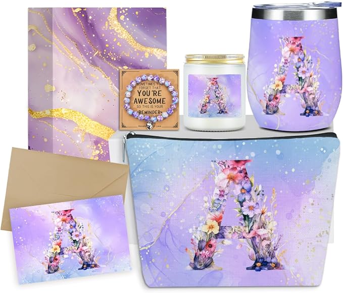 Personalized Gifts Monogrammed Birthday Gifts for Women, Bridesmaid Bachelorette Party Wedding Christmas Initial Wine Tumbler Makeup Bag Scented Candle Bracelet Set, (Aesthetic Purple Flower A)