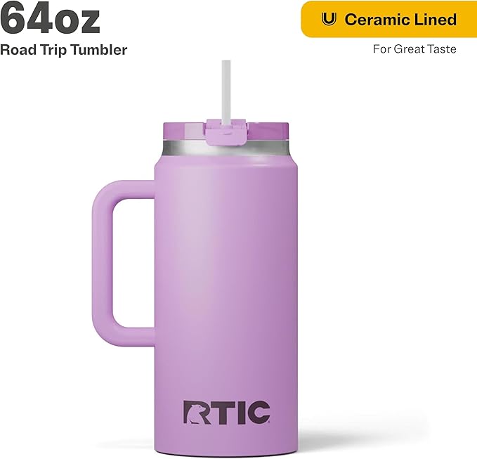 RTIC 64 oz Ceramic Lined Insulated Road Trip Tumbler, Leak-Resistant Lid, White