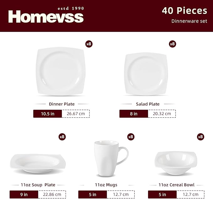 HomeVss, New Bone China Dinnerware SEt, Rim Square Shape, 40pc Set
