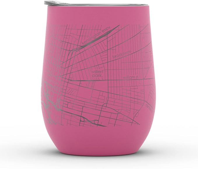 Well Told Engraved Buffalo New York Map Insulated Wine Tumbler, Etched Stainless Steel Cup (12 oz, Sunset Pink) City Map Insulated Tumbler, Custom Insulated Tumbler, Outdoor Drinkware