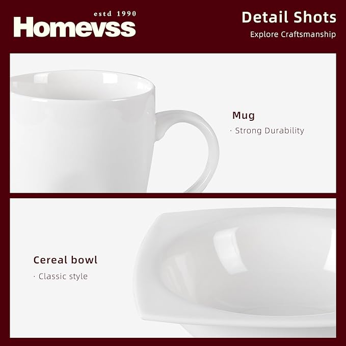HomeVss, New Bone China Dinnerware SEt, Rim Square Shape, 40pc Set
