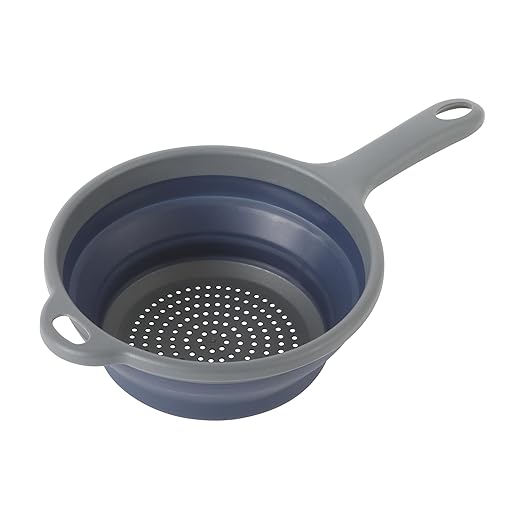 Oster Bluemarine Foldable Handled Strainer – 7-Inch Collapsible Colander for Pasta, Veggies, Fruits, Compact Kitchen Tool, Dishwasher Safe, Blue/Grey
