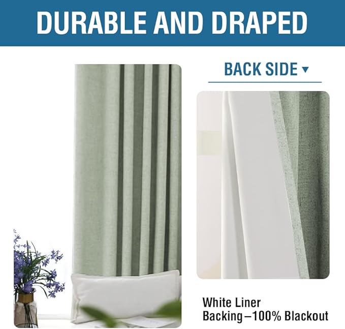 H.VERSAILTEX 100% Blackout Curtains for Bedroom 96 Inches Long Grommet Linen Face Full Light Blocking Curtain Drapes for Living Room Thermal Linen Look Curtains 2 Panels Set, 52" W x 96" L, Sage