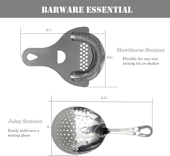 Lexenic Professional Cocktail Strainers Set ：304 Stainless Steel Julep Strainer&Spring Bar Strainer Kit for Home Bar and Professional Bartenders，Mixologists (Type A)