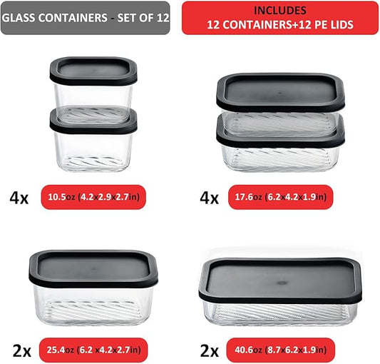 EATEX 12 Pack Glass Meal Prep Containers with Grooved Base, 12 Stackable BPA Free Glass Storage Containers with Lids for Lunch, Pantry, and Kitchen - Microwave, Dishwasher Freezer & Oven Safe - Black
