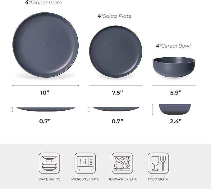 12-Piece Stoneware Dinnerware Set with Mugs | Microwave and Dishwasher Friendly | Stackable Matte Glaze Plates & Bowls | Service for 3 (Blue for 4)