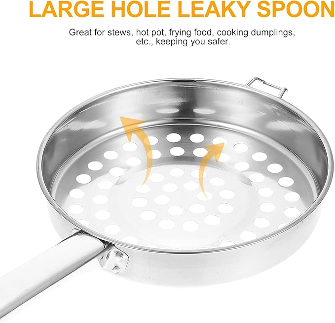 Hemoton Stainless Steel Colander With Long Handle Large Hole Cooking Strainer Mesh Steaming Basket for Draining Food Pastas Washing Fruits Vegetables Salads Silver