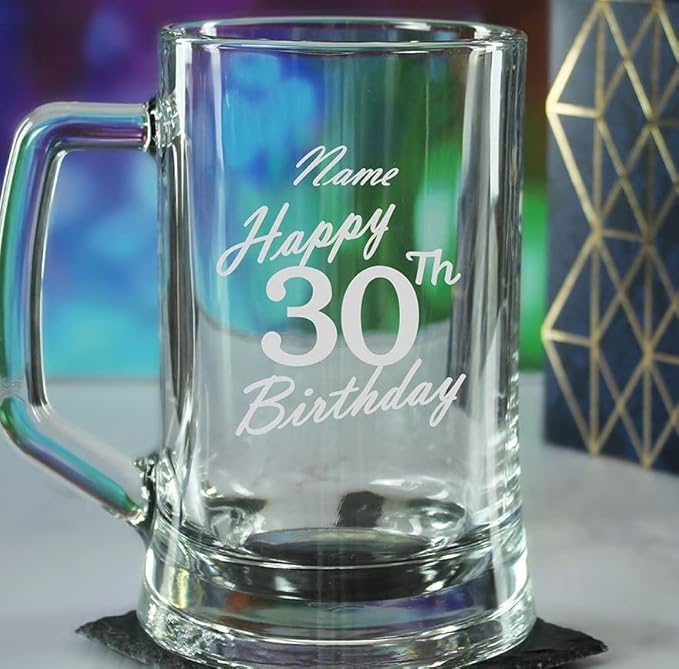 Personalised Engraved Tankard Beer Mug Stein Happy 30th Birthday Handwritten Design Gift Boxed, 16.75oz/495ml Classic Beer Glass, Any Name, Engraved in The UK