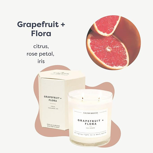 Calyan Wax Co. Grapefruit & Flora 2 Wick Scented Candle - 37 Hour Burn - Luxury Non Toxic Soy Wax Candles - Long Lasting Large Glass Jar Candle for Home - 8.8oz