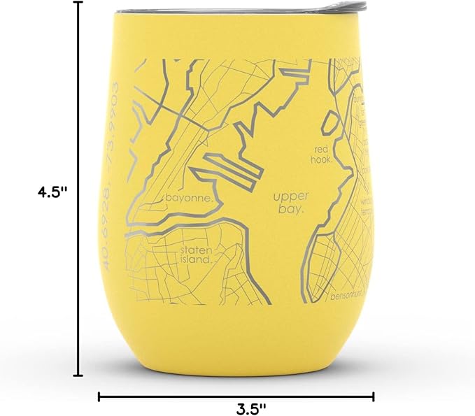 Well Told Engraved Brooklyn New York Map Insulated Wine Tumbler, Etched Stainless Steel Cup (12 oz, Sunrise Yellow) City Map Insulated Tumbler, Custom Insulated Tumbler, Outdoor Drinkware