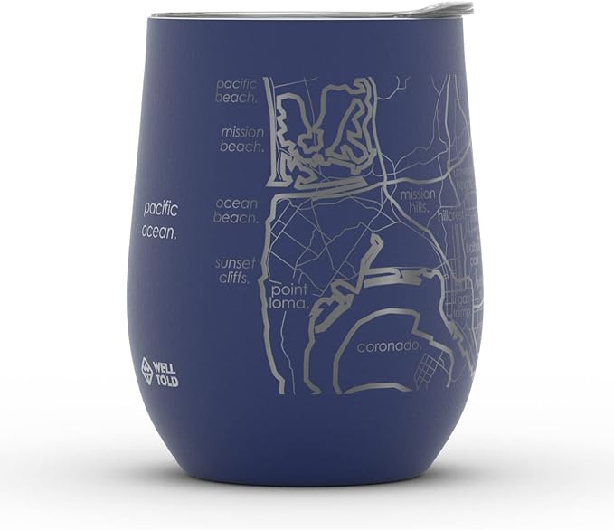 Well Told Engraved San Diego California Map Insulated Wine Tumbler, Etched Stainless Steel Cup (12 oz, Midnight Blue) City Map Insulated Tumbler, Custom Insulated Tumbler, Outdoor Drinkware