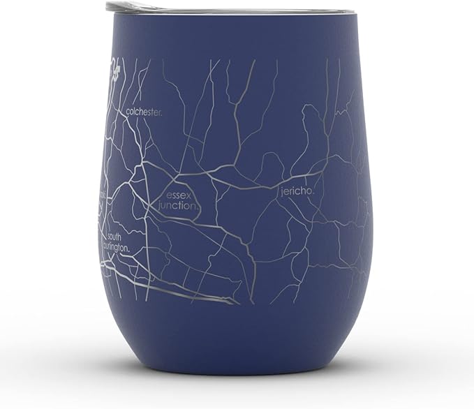 Well Told Engraved Burlington Vermont Map Insulated Wine Tumbler, Etched Stainless Steel Cup (12 oz, Midnight Blue) City Map Insulated Tumbler, Custom Insulated Tumbler, Outdoor Drinkware