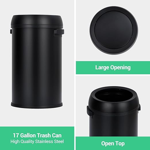 Garvee 17 gal/65 L Trash Can, Fingerprint-Proof Stainless Steel Open Top Garbage Can, Heavy Duty Commercial Round Trash Bin for Restaurant, Home, Office, Black
