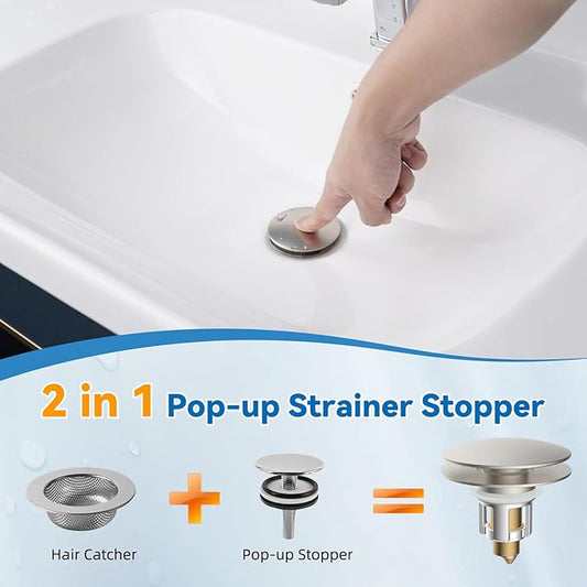 iFealClear Universal Bathroom Sink Stopper, Metal Pop Up Sink Drain Strainer with Hair Catcher Basket, Fit 1.1"-2.36" US Basin, Wash Basin Drain Plug, Big Cover Cap, Brass Bounce Core, Brushed Nickel