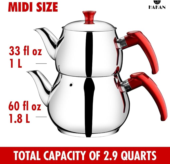 Hakan Stainless Steel 2.8 L, 93 Oz, Midi Double Bondy Tea Pot Set with Self Strainer Double Lids, Turkish Samovar Style Teapot Set, Tea Kettle for Loose Leaf Tea with Red Bakelite Handle 2.9-Quart