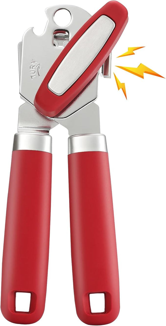 Manual Can Opener Smooth Edge with Magnet, Vayvnt Stainless Steel Handheld Strong Can Bottle Opener, Extra Shape Cutting Blade&Large Turn Knob, Multifunctional 4 In 1 Kitchen Tool for Seniors, Red