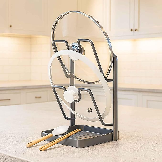 DOTH Kitchen Pot Lid Storage Rack, Stainless Steel Pot Lid Holder While Cooking with Removable Drip Tray, Upright Lid Holder While Cooking for Countertop Organization (Gray - Double Layer)