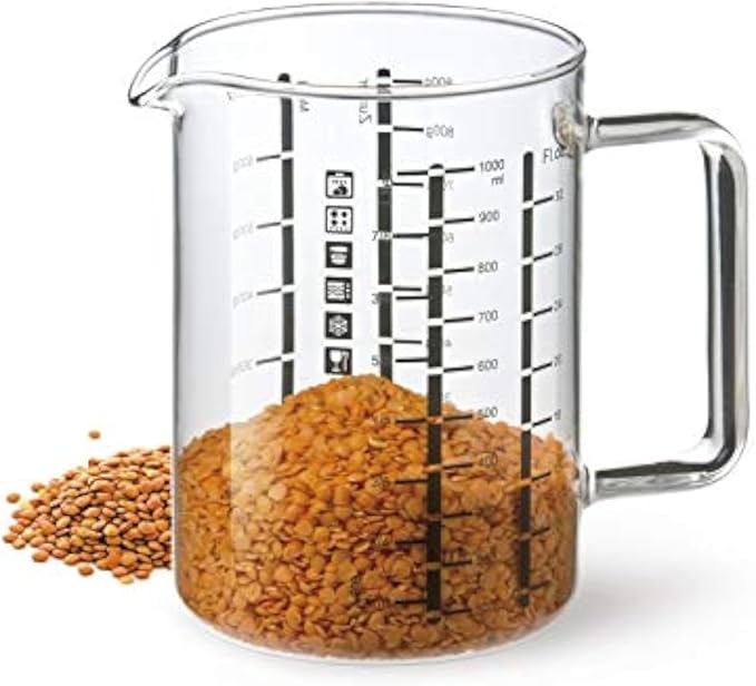 Simax Glass Measuring Cup: 16 Oz Measuring Cups Glass - Liter, Oz and Ml Measuring Cup for Liquid - Borosilicate Glass Metric Measuring Cups in Gram - Measure Flour and Sugar Grams - Easy Pour Spout