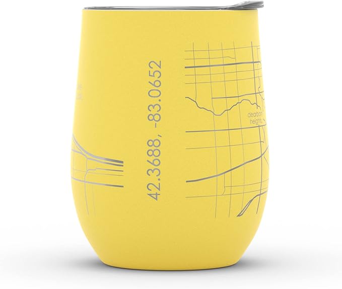 Well Told Engraved Detroit Michigan Map Insulated Wine Tumbler, Etched Stainless Steel Cup (12 oz, Sunrise Yellow) City Map Insulated Tumbler, Custom Insulated Tumbler, Outdoor Drinkware