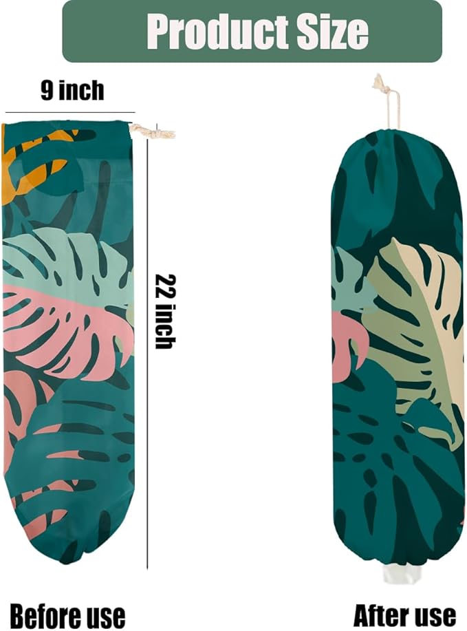 2 Pcs Palm Leaves Plastic Bag Holder, Botanical Grocery Bag Holder for Plastic Bags, Reusable Grocery Bag Organizer with Drawstring, Pull Rope Free Adjustment, Home Kitchen Pantry Decor, 22.5x9 Inch