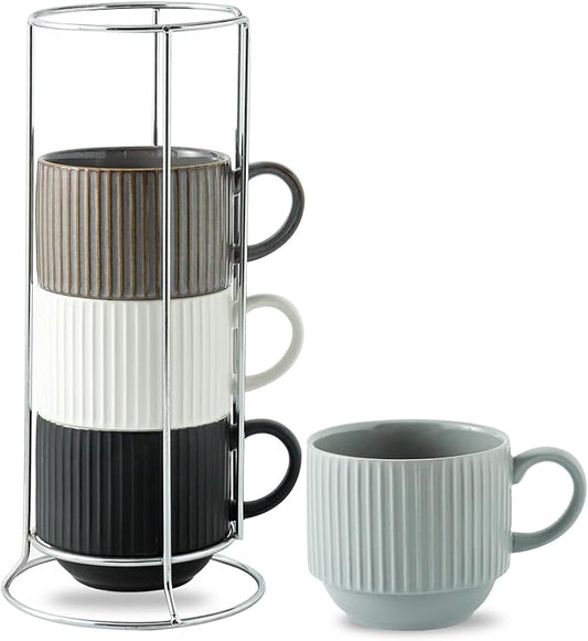 HASENSE Large Coffee Mug Set of 4 with Rack - 15 oz Stacking Ceramic Ribbed Latte Cups Set for Cappuccino, Tea, Hot Cocoa, Drinks - Dishwasher & Microwave Safe Assorted Colors