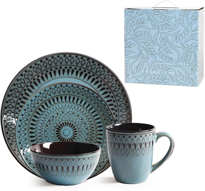 Ceramic Dinnerware Set of 4, 4 Pieces Porcelain Dinner Plate, Bowl, Mug for Kitchen – Unique Gift Idea, Scratch Resistant Dishes, Dishwasher & Microwave Safe (Peacock Green)