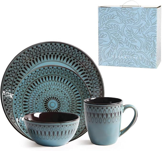 Ceramic Dinnerware Set of 4, 4 Pieces Porcelain Dinner Plate, Bowl, Mug for Kitchen – Unique Gift Idea, Scratch Resistant Dishes, Dishwasher & Microwave Safe (Peacock Green)
