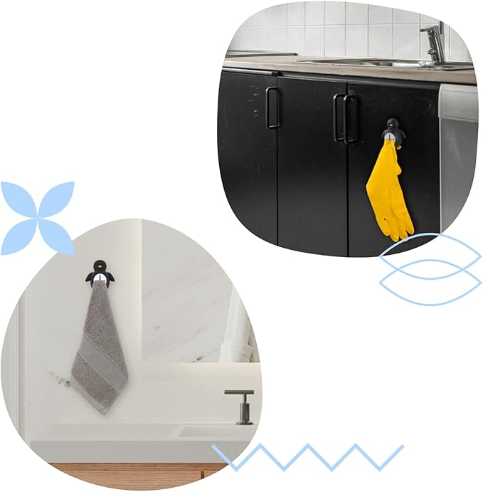 vizuzi Penguin Kitchen Towel Self Adhesive Silicone Hooks Holder for Tea or Dishwashing Towel, Washcloths, Loofah, for Bathrooms, Shower, Kitchens, Garages, RV, Camper, Cabinet, Sink, Dishwasher VOV