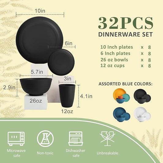 Wrova 32-piece Kitchen Alternative Melamine Wheat Straw Dinnerware Sets,Unbreakbale Dishwasher Safe Kitchen Bowls and Plates Sets with Cups,Apartment Essential Dishes Set for 8.Black Series