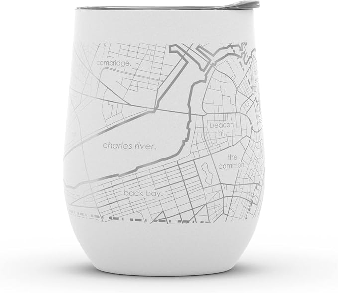 Well Told Engraved Boston Massachusetts Map Insulated Wine Tumbler, Etched Stainless Steel Wine Tumbler (12 oz, White) City Map Insulated Tumbler, Custom Insulated Tumbler, Outdoor Drinkware