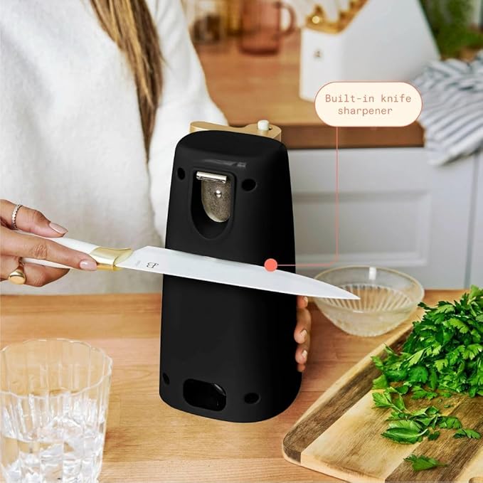 Beautiful Easy-Prep Electric Can Opener, Stainless Steel Blade, Built-in Knife Sharpener, Auto-Stop Safety, Cord Storage by Drew Barrymore (Black)