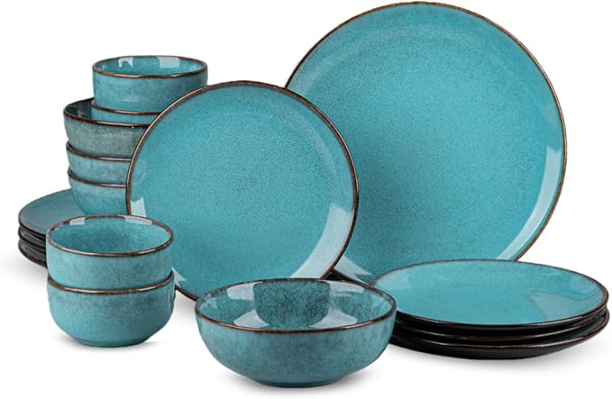 16 Piece Dinnerware Sets for 4， Scratch Resistant,microwave oven and Dishwasher Safe Plates and Bowls Sets Ceramic, Dish Set, Bowl and Plate Set -Kiln turned sea blue