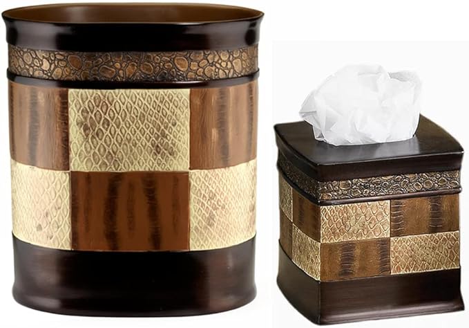 Zahari Home 2pc Zambia Animal Print Bath Accessories Set Waste Basket & Tissue Box Modern Classic Contemporary Decorative Beautiful Designs Bathroom Decor Set for Home Luxury Bath Set